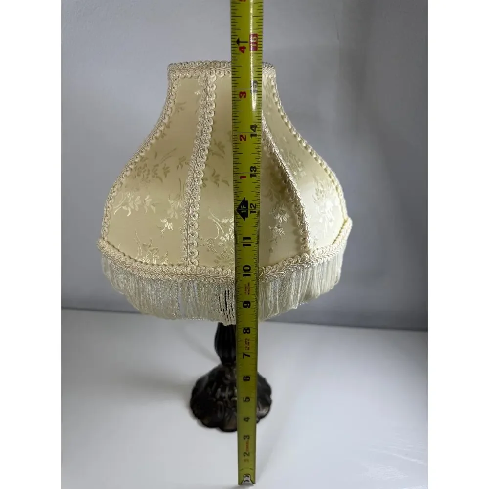 Vintage 1950s Style Brass Table Lamp, Floral Relief Base, Cream Fringed Shade